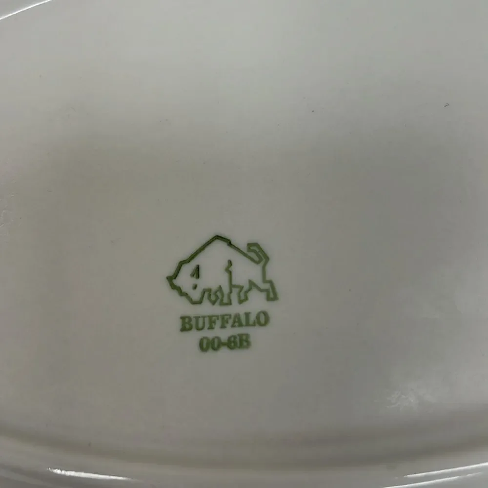 Buffalo Plates Heavy Ceramic Oval White Green Set Of 2 11 1/2 Inches X 7 3/4